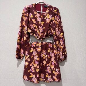 REVOLVE MINKPINK FLORAL LINEN DRESS CUTOUT LONG SLEEVES BROWN MEDIUM LIGHTWEIGHT